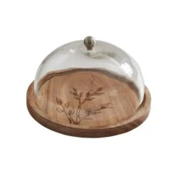 Leaves Wood Cheese Board With Glass Dome