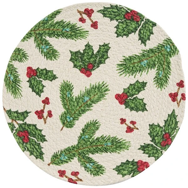Boughs Of Holly Printed Braided Placemat 15" Dia 1 Boughs Of Holly Printed Braided Placemat 15" Dia