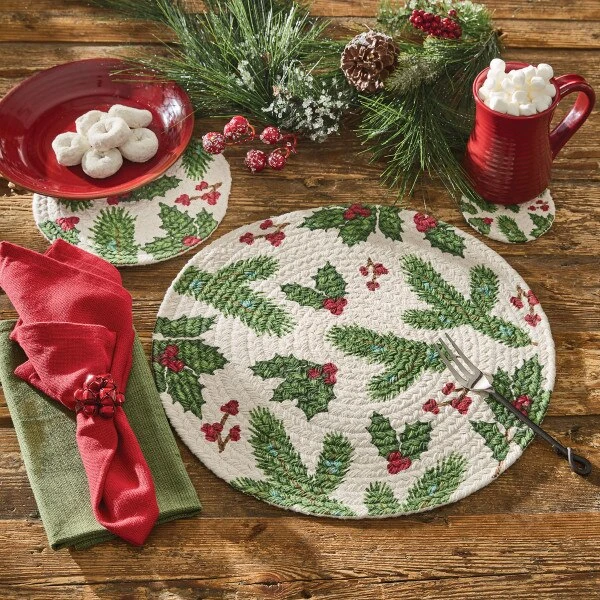 Boughs Of Holly Printed Braided Placemat 15" Dia 2 Boughs Of Holly Printed Braided Placemat 15" Dia - Image 2