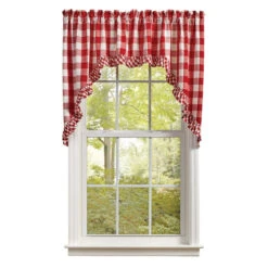 Wicklow Check Red & Cream Swags - Ruffled 72x36